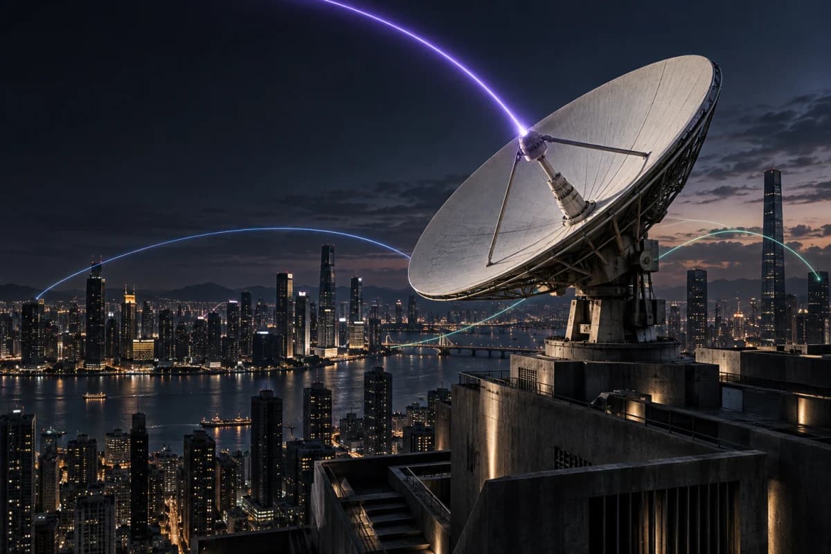Generated editorial illustration of a satellite dish and city